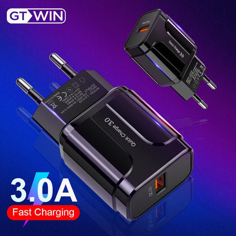 GTWIN 3A Quick Charger USB Charger EU Wall Mobile Phone Charger Adapter for iPhone 11 Pro QC3.0 Fast Charging for Samsung Xiaomi